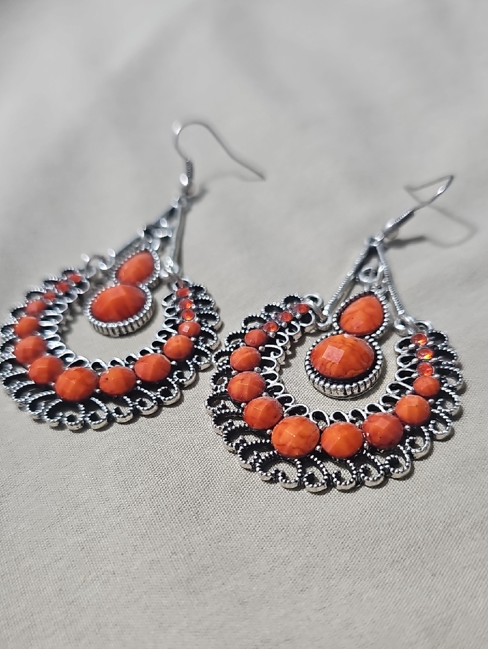 Silver Filigree Drop Earrings with Orange Beads